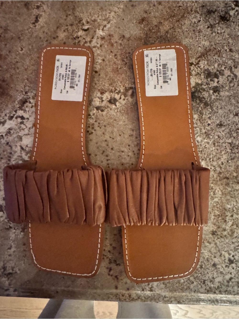 STAUD Brown Ruched Leather Slide Sandals